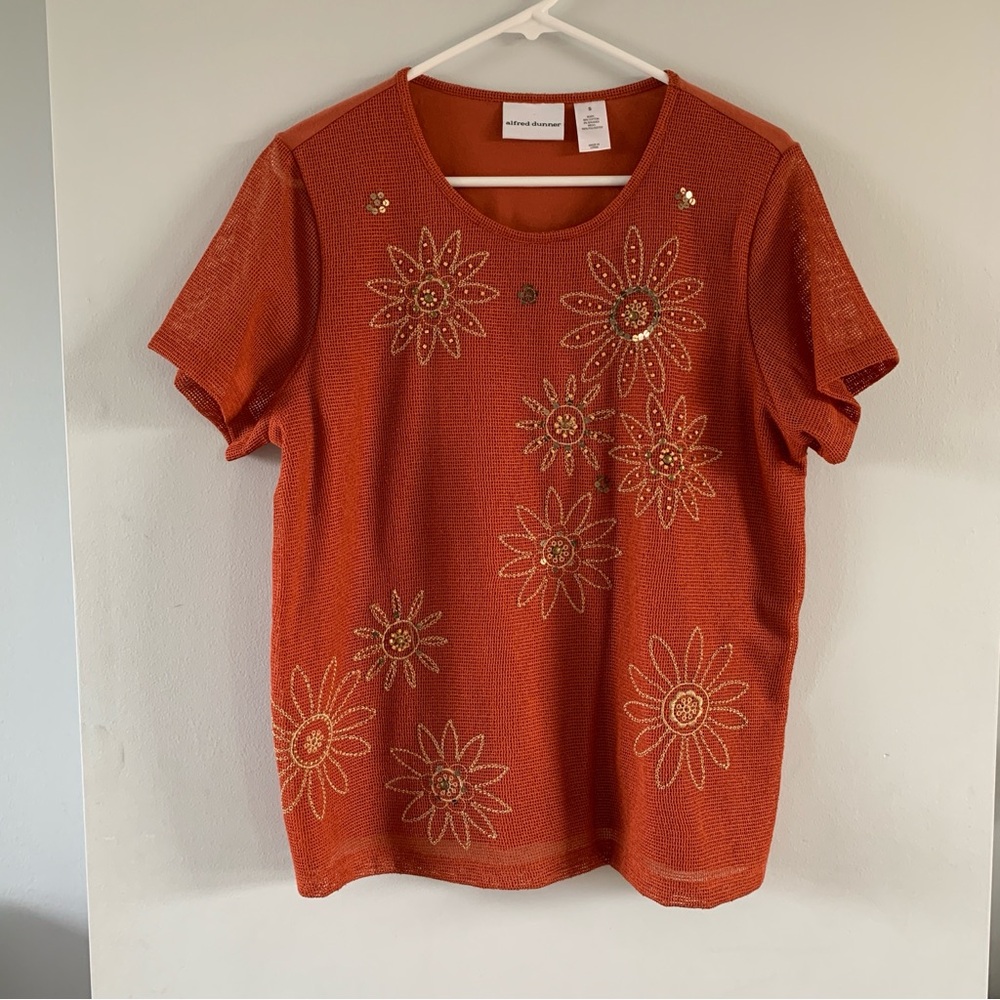 Floral Embroidered Short Sleeve Shirt Size Small Alfred Dunner Burnt Orange Top